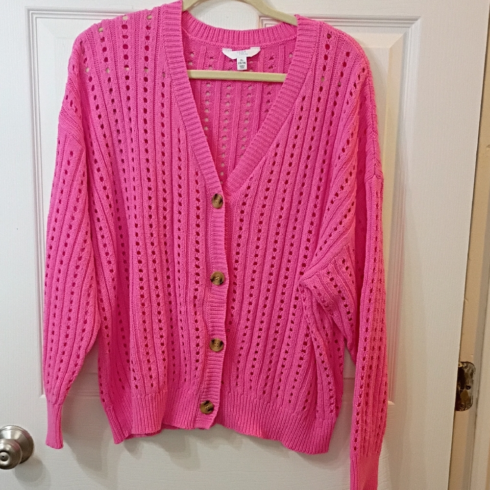 Pink Open-Knit Button Cardigan Sweater